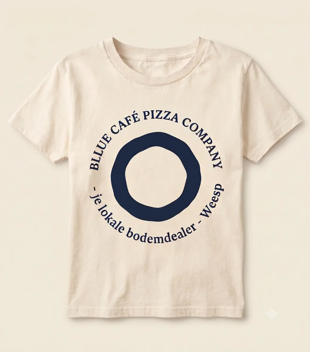 crème t-shirt met blue café pizza company logo